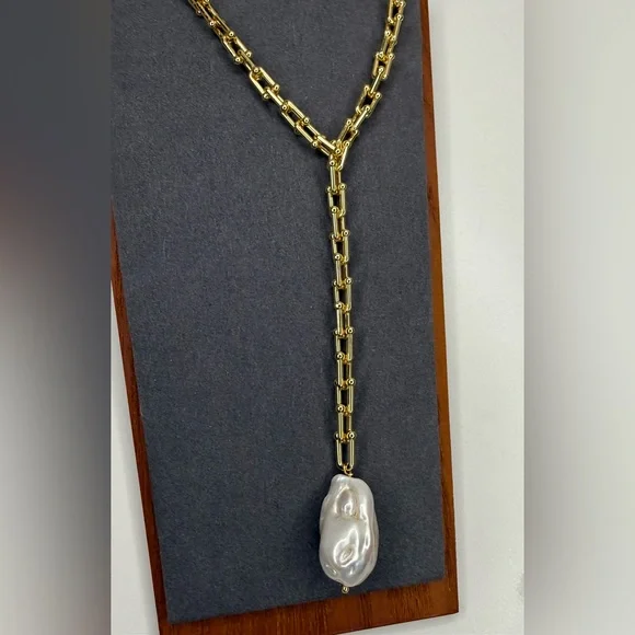 Vanessa Mooney Gold Bar Link Chain Baroque Pearl Lariat Necklace Statement - Picture 6 of 8
